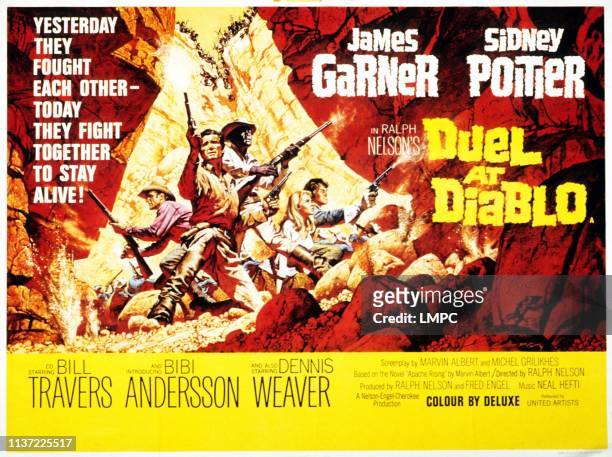 Duel At Diablo, poster, from left: Dennis Weaver, James Garner, Sidney Poitier, Bibi Andersson, Bill Travers, 1966.