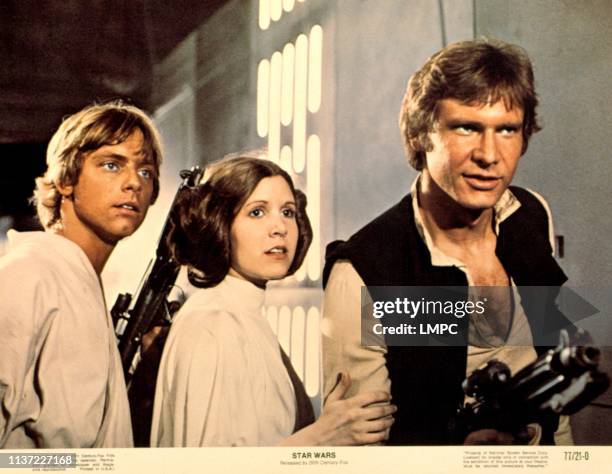 Star Wars, lobbycard, , Mark Hamill, Carrie Fisher, Harrison Ford, 1977.