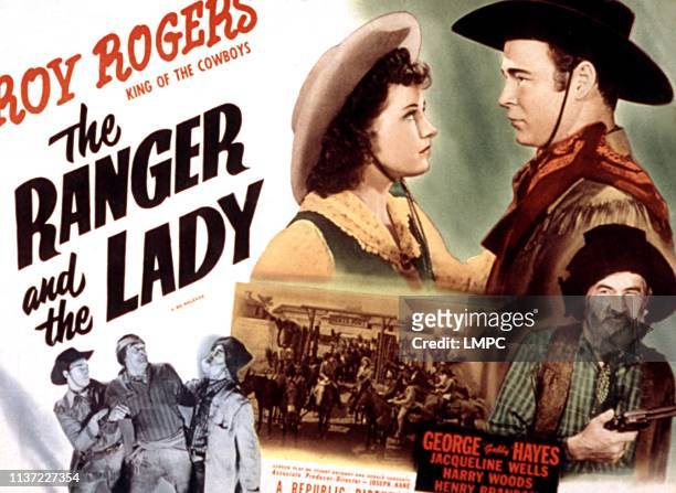 The Ranger And The Lady, lobbycard, center clockwise: Jacqueline Wells, , Roy Rogers, Gabby Hayes, 1940.