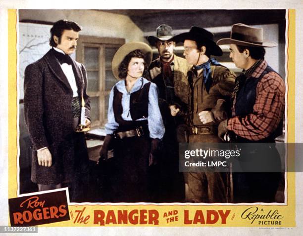 The Ranger And The Lady, lobbycard, first, second and fourth from left: Henry Brandon, Jacqueline Wells, , Roy Rogers, 1940.