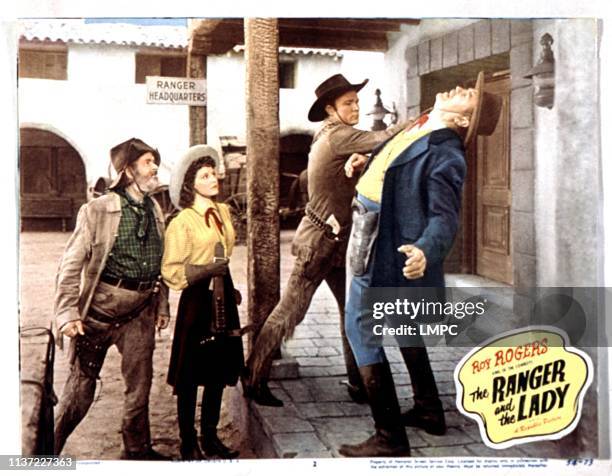 The Ranger And The Lady, lobbycard, from left: Gabby Hayes, Jacqueline Wells, , Roy Rogers, Harry Woods, 1940.