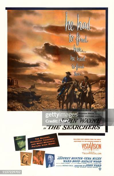 The Searchers, poster, John Wayne, Vera Miles, Jeffrey Hunter, Ward Bond, 1956.