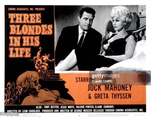 Three Blondes In His Life, lobbycard, , from left: Jock Mahoney, Greta Thyssen, 1961.