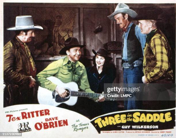 Three In The Saddle, lobbycard, Tex Ritter, Lorraine Miller, 1945.