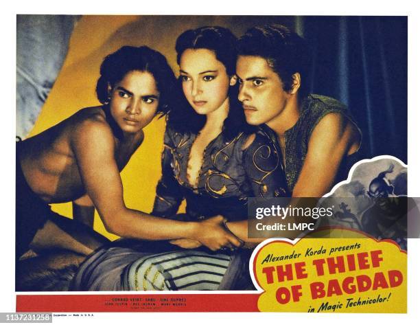 The Thief Of Bagdad, US lobbycard, from left: Sabu, June Duprez, John Justin, 1940.