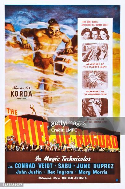 The Thief Of Bagdad, poster, poster art, Rex Ingram; top insert: Sabu, John Justin, June Duprez, 1940.