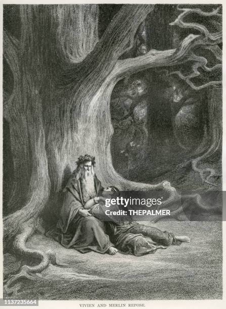 vivien and merlin repose engraving 1889 - the legend of merlin and arthur stock illustrations