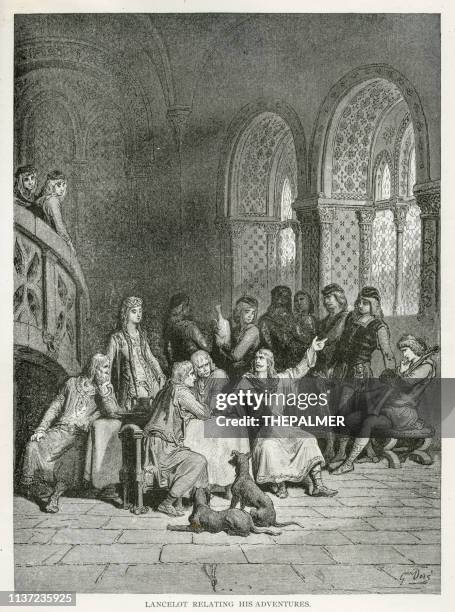 lancelot relating his adventures engraving 1889 - knights of the round table arthurian legend stock illustrations