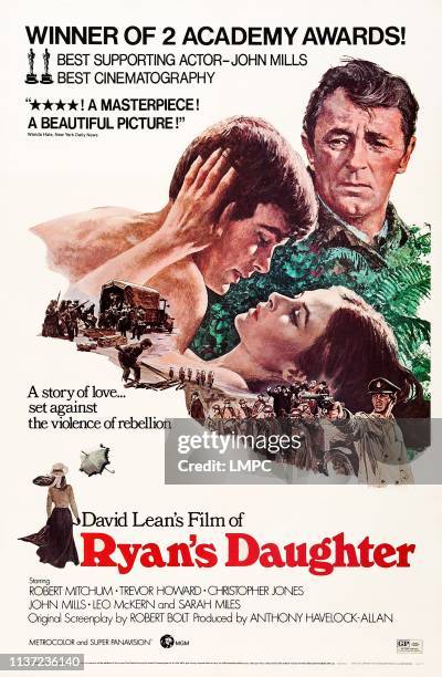 Ryan's Daughter, poster, US poster, rear: Robert Mitchum, front from left: Christopher Jones, Sarah Miles on poster art, 1970.