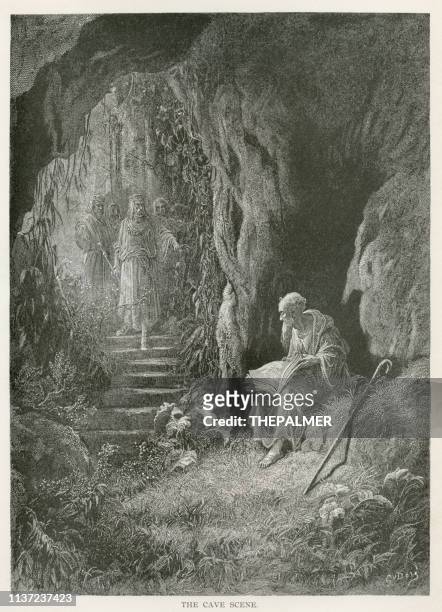 the cave scene engraving 1889 - the legend of merlin and arthur stock illustrations