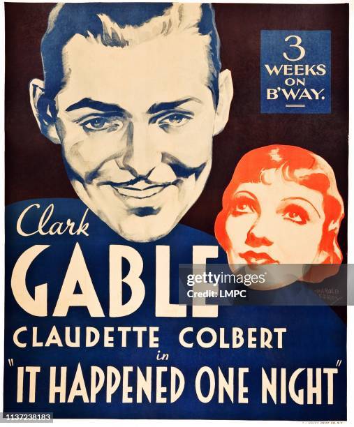 It Happened One Night, poster, l-r: Clark Gable, Claudette Colbert on poster art, 1934.