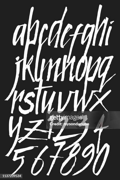 vector grunge lowercase alphabet with numbers - modern calligraphy alphabet stock illustrations
