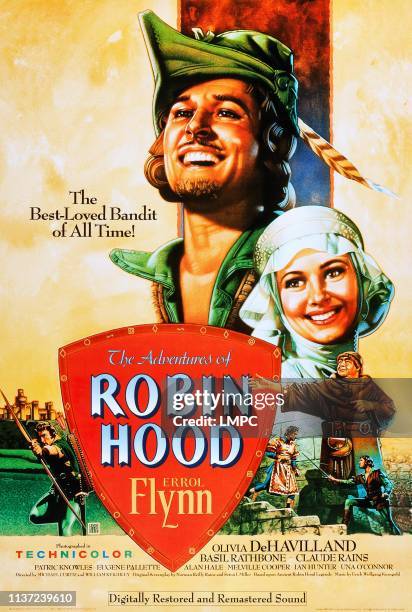 The Adventures Of Robin Hood, poster, US poster, Errol Flynn , right from top: Errol Flynn, Olivia de Havilland, Eugene Pallette, Basil Rathbone,...