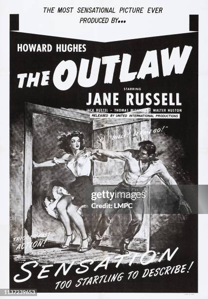 The Outlaw, poster, US poster, from left: Jane Russell, Jack Buetel, 1943.