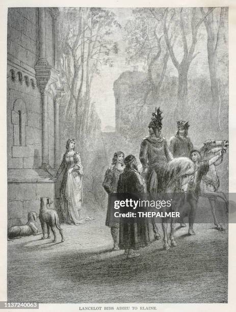 lancelot and elaine engraving 1889 - knights of the round table arthurian legend stock illustrations