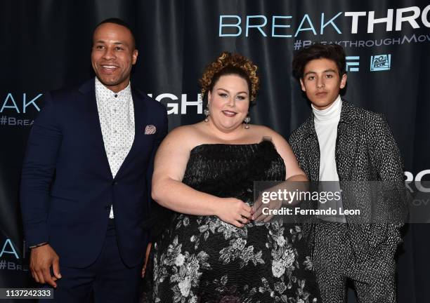 Producer DeVon Franklin, actress Chrissy Metz and actor Marcel Ruiz attend the premiere of 'Breakthrough' at the Marcus Des Peres Cinema on March 20,...