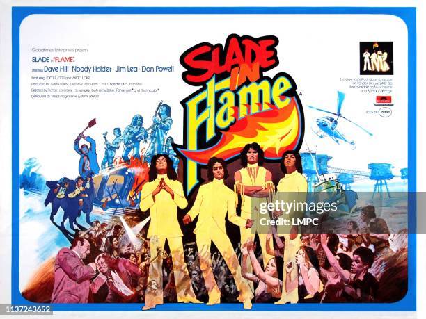 Flame, poster, , British poster, Slade, from left: Don Powell, Jim Lea, Noddy Holder, Dave Hill, 1975.