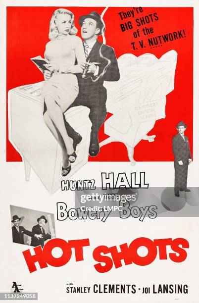 Hot Shots, poster, top l-r: Joi Lansing, Huntz Hall, bottom l-r: Stanley Clements, Huntz Hall, far right: Stanley Clements on poster art, 1956.