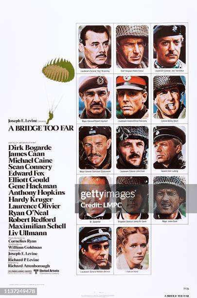 Bridge Too Far, poster, top l-r: Dirk Bogarde, James Caan, Michael Caine, 2nd row l-r: Sean Connery, Edward Fox, Elliott Gould, 3rd row l-r: Gene...