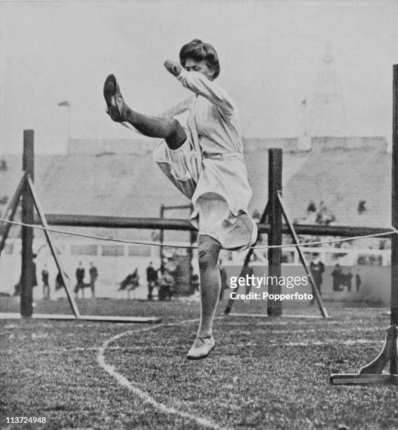 Danish contestant in the trials of the women's high jump event at the 1908 Summer Olympics in London, July 1908. Published in Parisian magazine 'La...