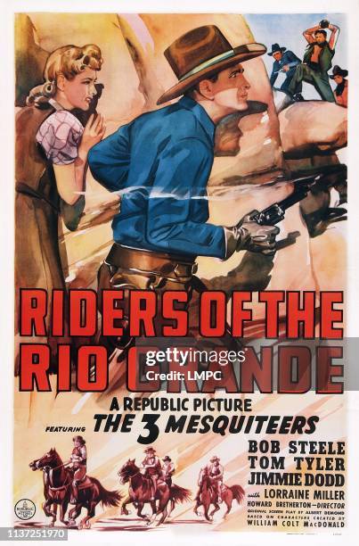 Riders Of The Rio Grande, poster, US poster art, from left: Lorraine Miller, Bob Steele, 1943.