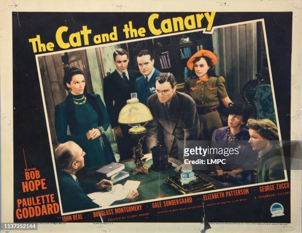 The Cat And The Canary, US lobbycard, from left: George Zucco, Gale Sondergaard, Douglass Montgomery, Bob Hope, John Beal, Paulette Goddard,...