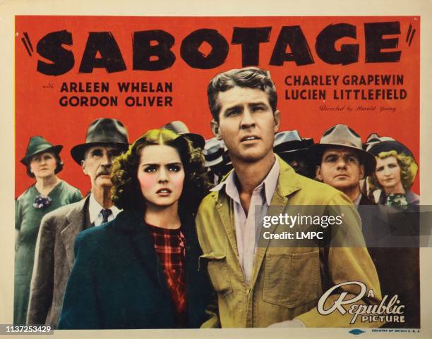 Sabotage, lobbycard, from left: Charley Grapewin, Arleen Whelan, Gordon Oliver, 1939.