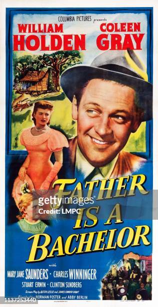 Father Is A Bachelor, poster, US poster art, from bottom: Mary Jane Saunders, Coleen Gray, William Holden, 1950.