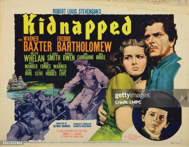 Kidnapped, lobbycard, from left: Arleen Whelan, Warner Baxter, Freddie Bartholomew, 1938.