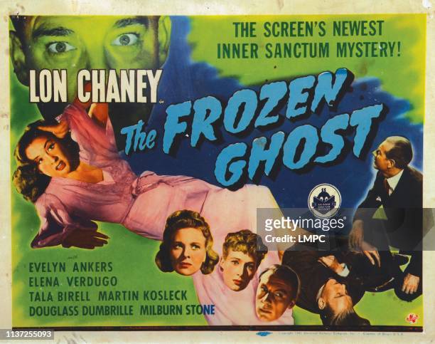The Frozen Ghost, lobbycard, from left: Lon Chaney Jr, Elena Verdugo, Evelyn Ankers, Tala Birell, Martin Kosleck, 1945.