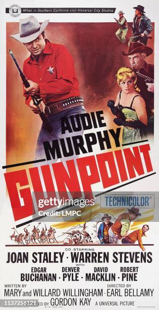 Gunpoint, poster, US poster art, top left: Audie Murphy; right, second from top: Joan Staley, 1966.