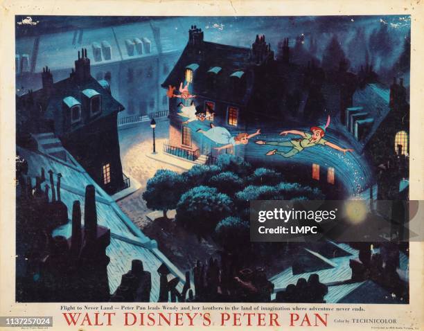 Peter Pan, lobbycard, front to back: , Wendy, Michael, John, 1953.