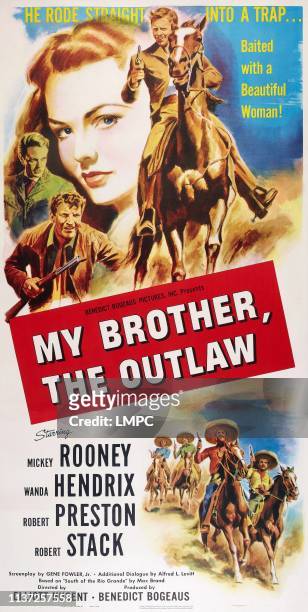 My Outlaw Brother, poster, , US poster art, top left, from left: Robert Preston, Robert Stack, Wanda Hendrix, Mickey Rooney, 1951.
