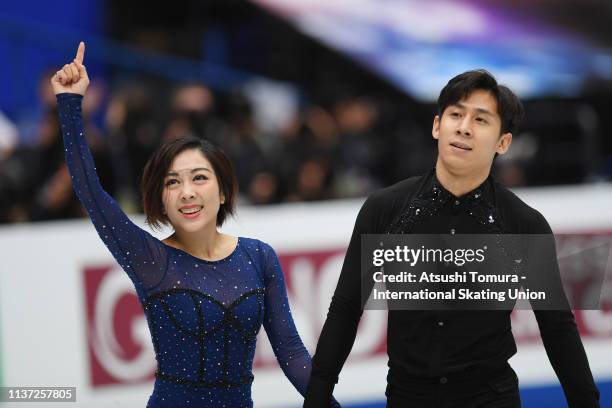 Wenjing Sui and Cong Han of China celebrate after the Pairs free skating during day 2 of the ISU World Figure Skating Championships 2019 at Saitama...