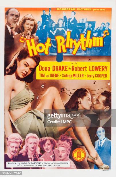 Hot Rhythm, poster, top l-r: Tim Ryan, Irene Ryan, center l-r: Dona Drake, Robert Lowery, bottom right: Harry Langdon on poster art, 1944.