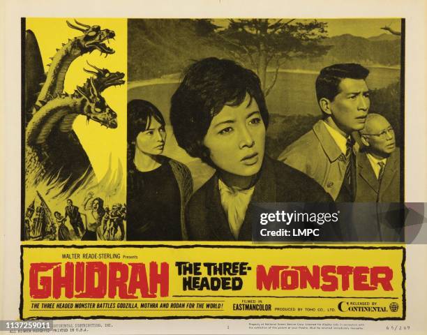Ghidrah, lobbycard, THE THREE HEADED MONSTER, from left: Akiko Wakabayashi, Yosuke Natsuki, Yuriko Hoshi, Takashi Shimura, 1964.
