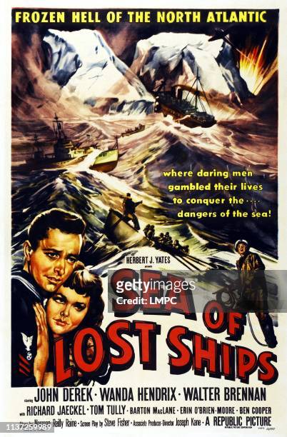 Sea Of Lost Ships, poster, us poster art, l-r: John Derek, Wanda Hendrix, 1954.