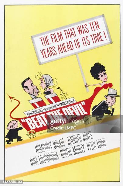 Beat The Devil, poster, US re-issue poster, from left: Peter Lorre, Humphrey Bogart, Jennifer Jones, Gina Lollobrigida, Robert Morley, 1953.