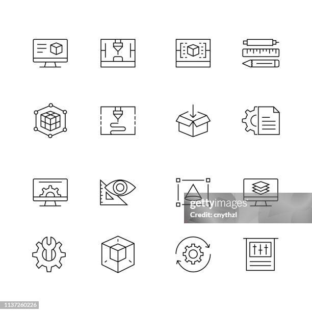 3d printing and modeling - set of thin line vector icons - printing out stock illustrations