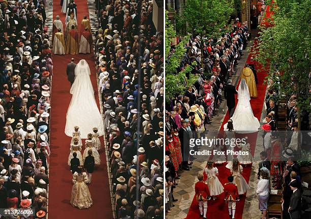 In this composite image a comparison has been made between the Royal Wedding Cathedral aisle walks of Earl Spencer and Lady Diana Spencer with that...
