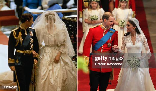 In this photo composite image a comparison has been made between the weddings of Prince Charles, Prince of Wales to Lady Diana Spencer and Prince...