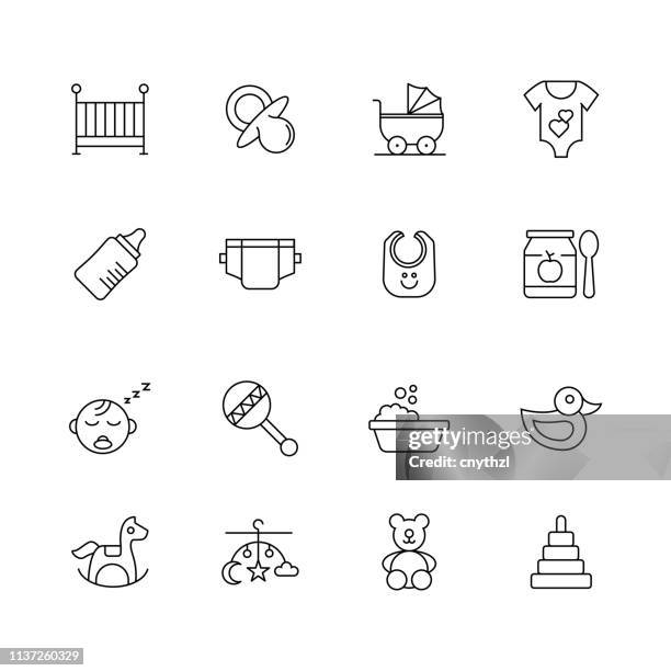 baby related-set of thin line vector icons - baby blanket stock-grafiken, -clipart, -cartoons und -symbole