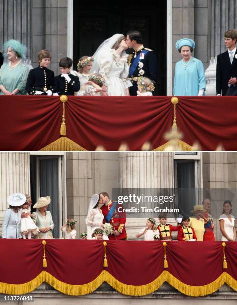 In this composite image a comparison has been made between the Royal Wedding balcony kisses of Prince Charles, Prince of Wales and Lady Diana Spencer...