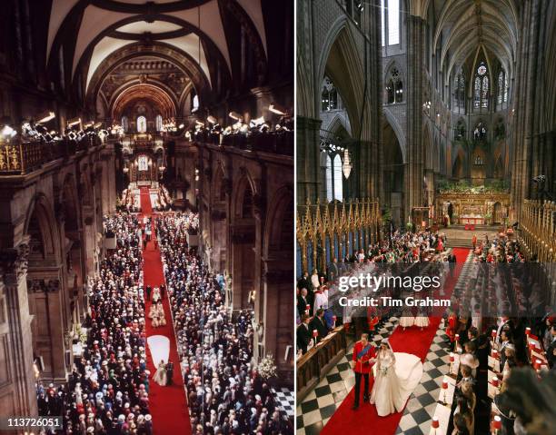 In this composite image a comparison has been made between the Royal Wedding Cathedral aisle walks of Prince Charles, Prince of Wales and Lady Diana...