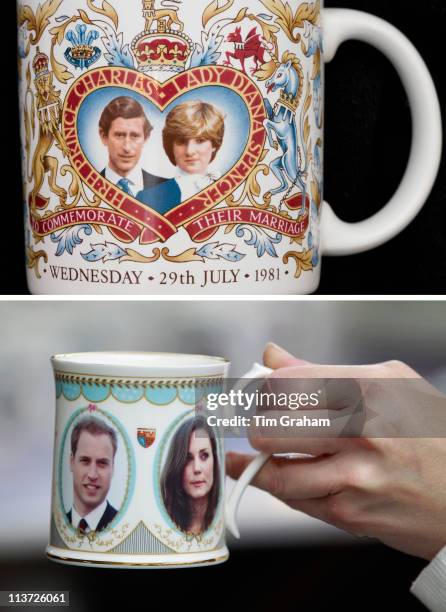 In this composite image a comparison has been made between mugs made in celebration of the Royal Weddings of Prince Charles, Prince of Wales and Lady...