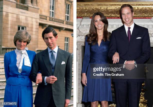 In this photo composite image a comparison has been made between the engagement announcements of Prince Charles, Prince of Wales and Lady Diana...