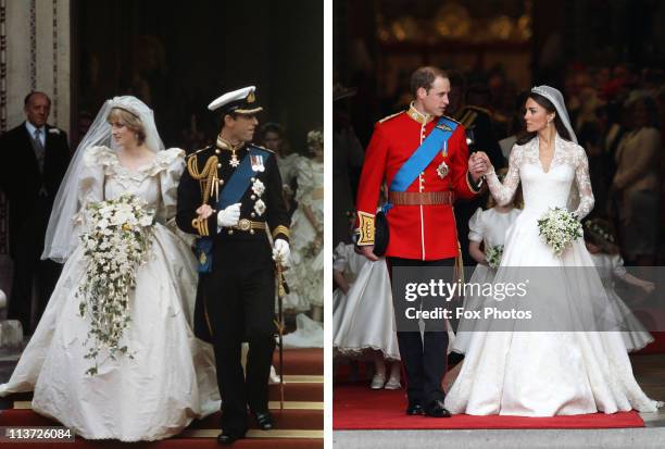 In this composite image a comparison has been made between the Royal Wedding cathedral departure images of Prince Charles, Prince of Wales and Lady...