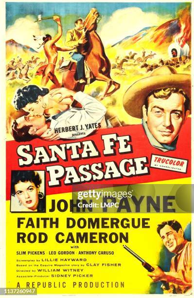 Santa Fe Passage, poster, US poster art. Insert: Faith Domergue, right: John Payne, 1955.