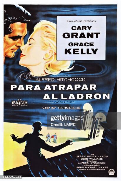 To Catch A Thief, poster, , top l-r: Cary Grant, Grace Kelly on Spanish poster art, 1955.