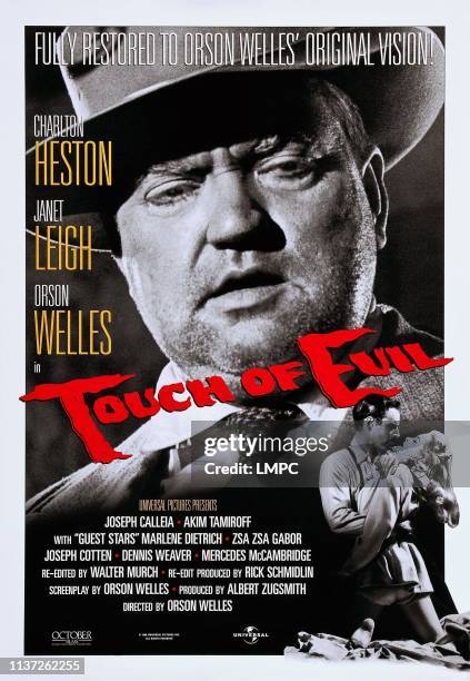 Touch Of Evil, poster, US poster art, top: Orson Welles; bottom right: Charlton Heston, Janet Leigh, 1958.